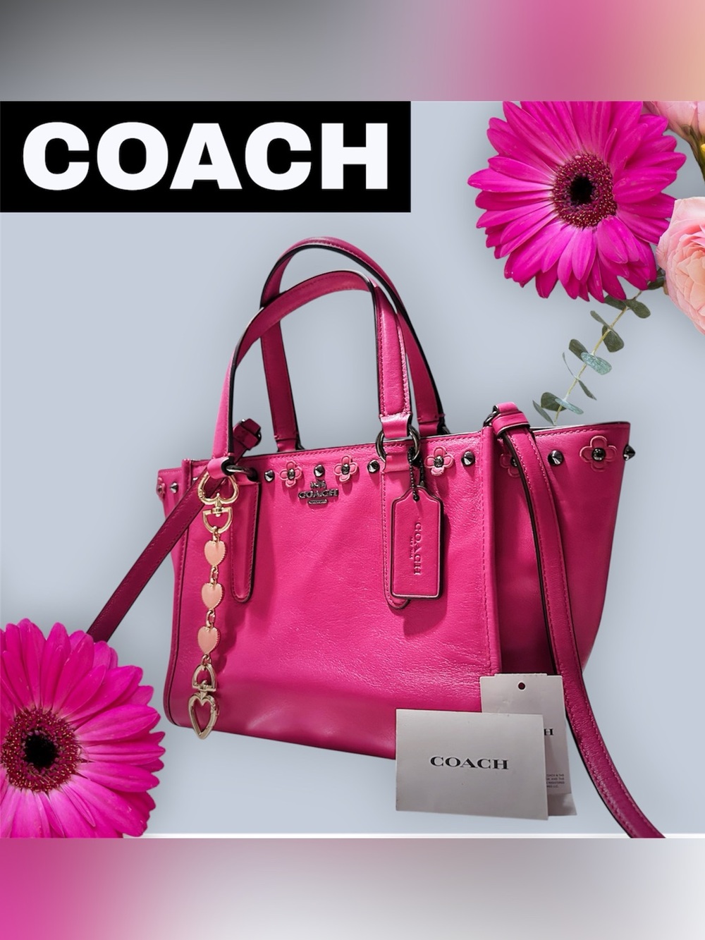 COACH Y2K soho shoulder bag Hot Pink Leather Tote with Heart Charm - Picture 6 of 17